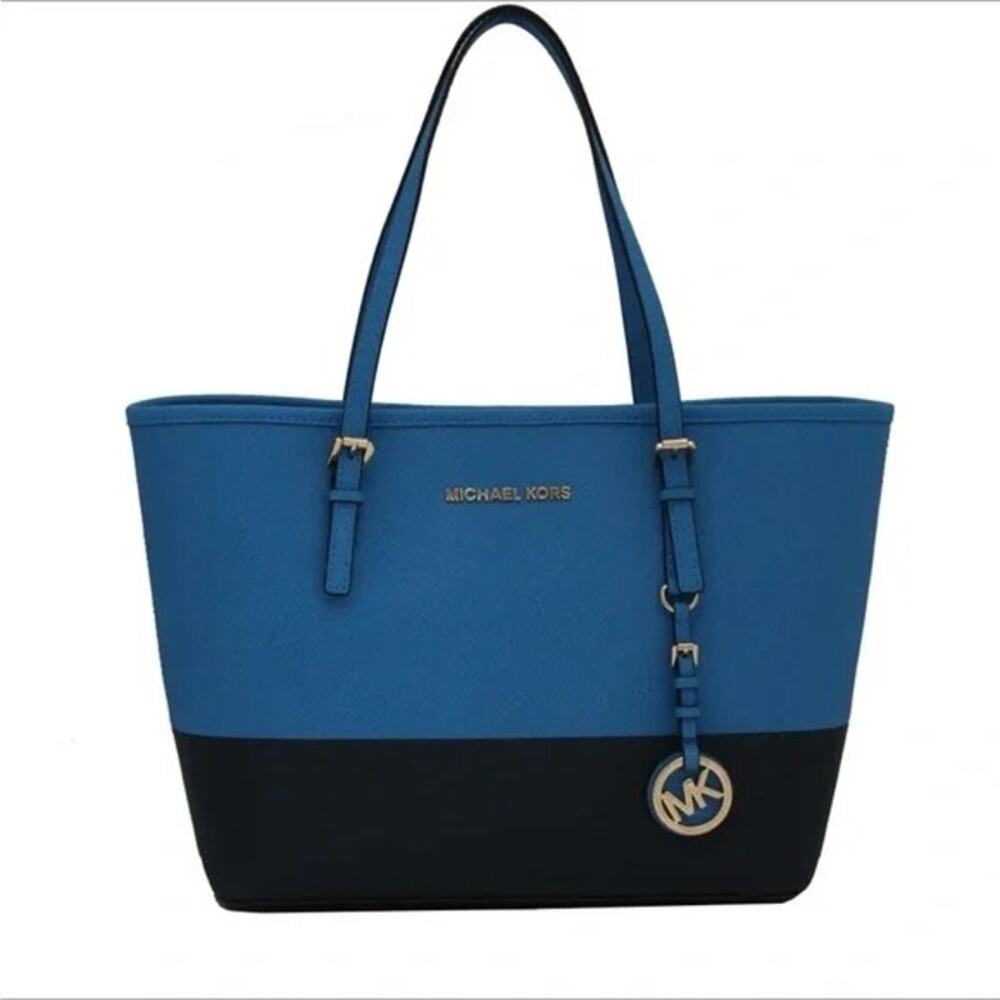 Michael Kors Blue and Black Tote with Silver Hardware (P12)